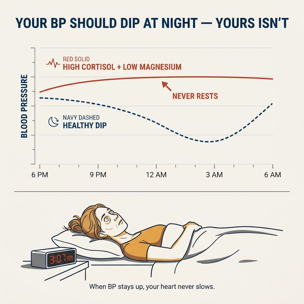 24-hour blood pressure curve showing elevated pressure overnight vs healthy dip