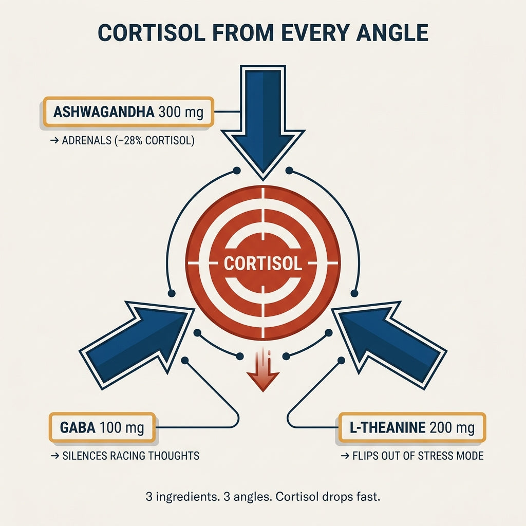 Ashwagandha, L-Theanine and GABA hitting cortisol from three angles