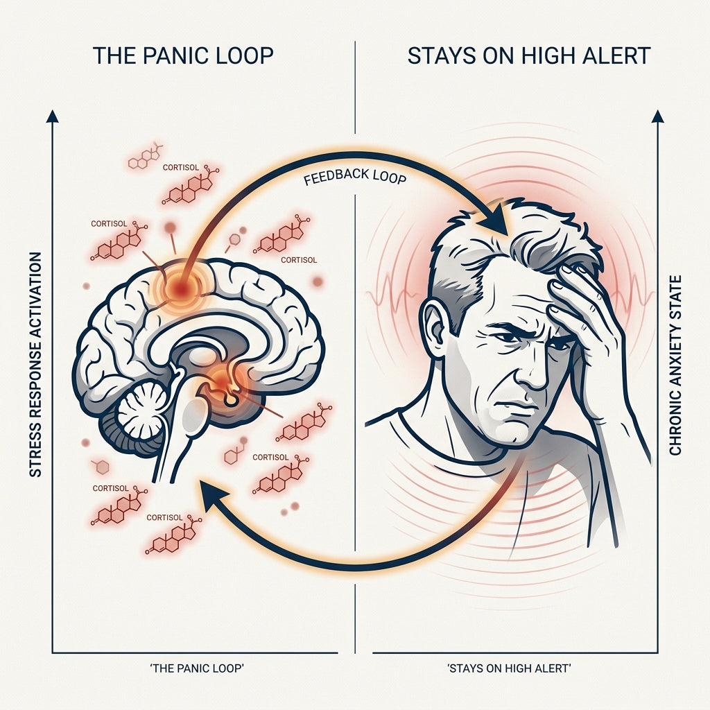 Anxious man in bed, performance anxiety loop