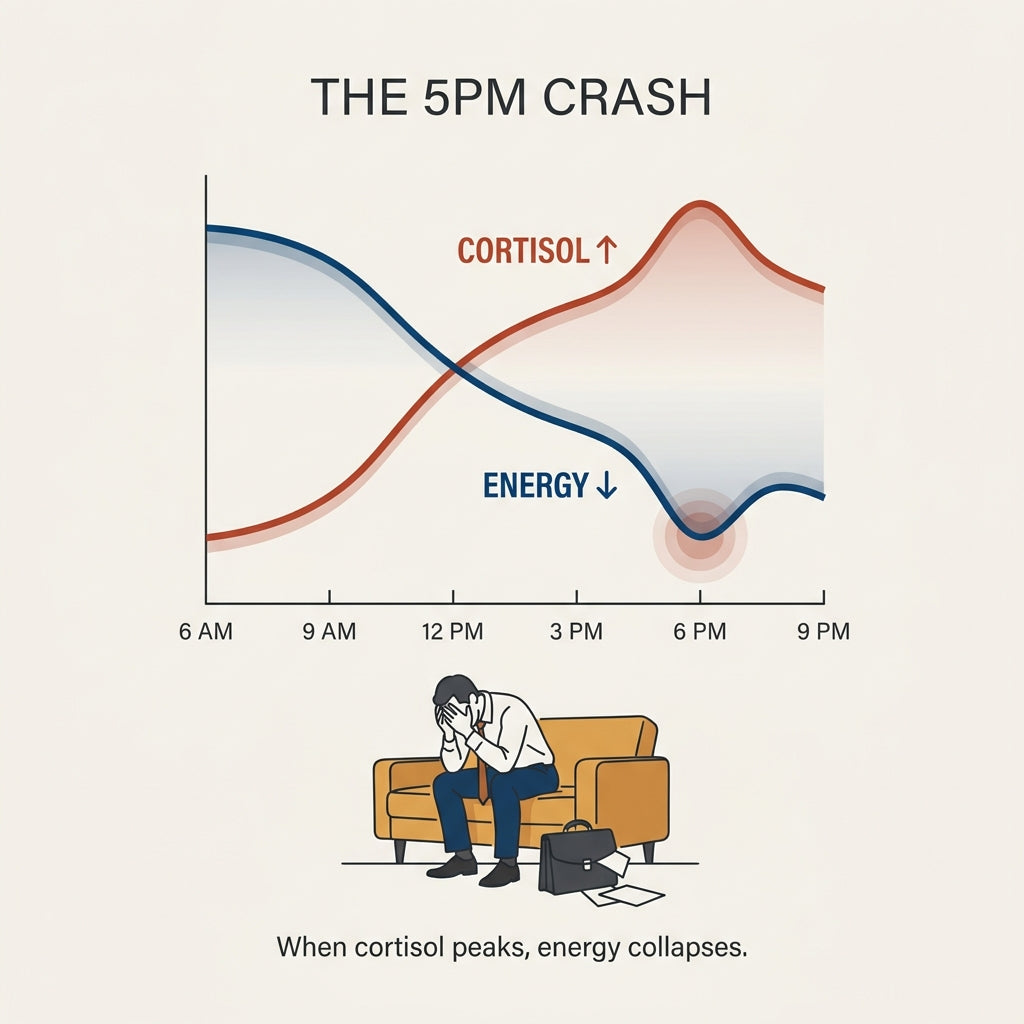 Cortisol rising all day, energy falling in inverse
