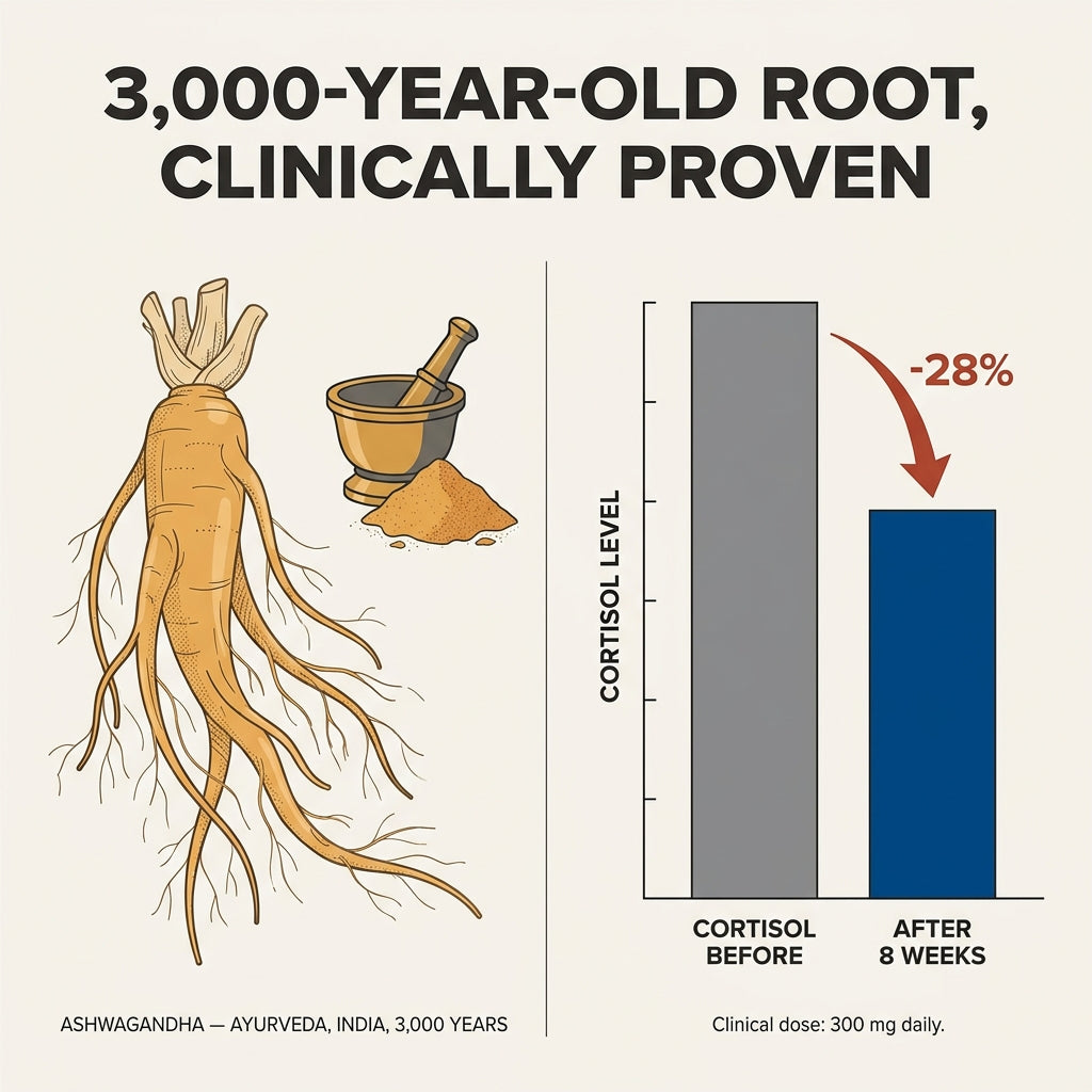 Ashwagandha root and clinical bar chart showing 28% cortisol drop after 8 weeks