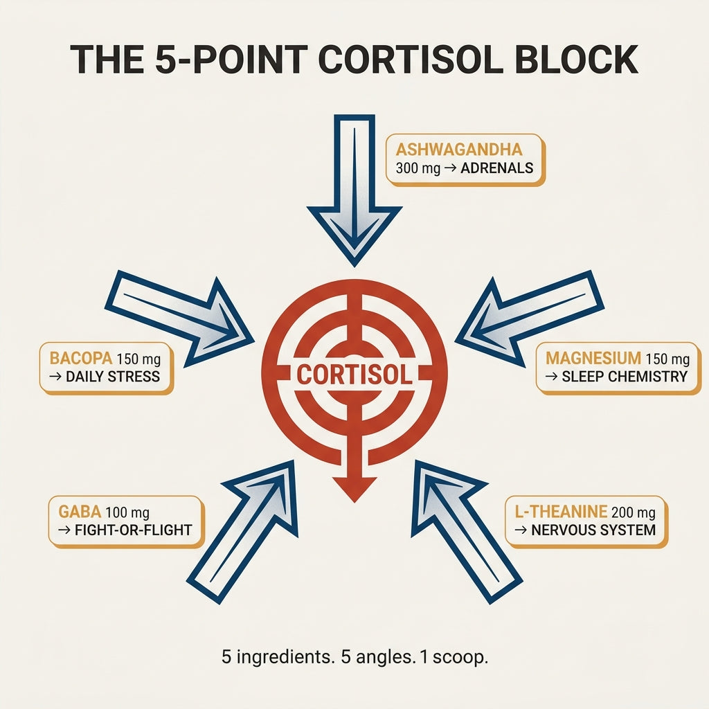 The 5-Point Cortisol Block, 5 ingredients converging on cortisol