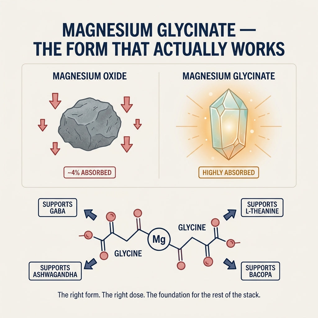 Magnesium glycinate vs magnesium oxide absorption, and how glycinate powers the rest of the stack
