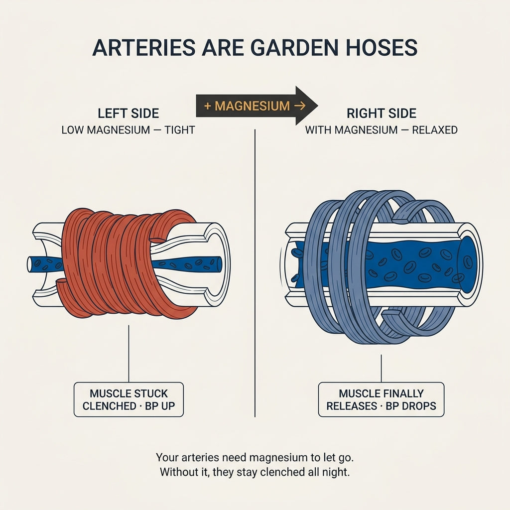 Garden hose metaphor for arteries with muscle bands tight without magnesium and relaxed with magnesium