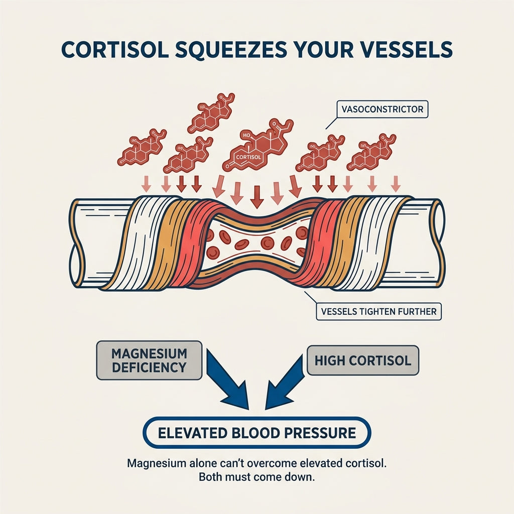 Cortisol acting as a vasoconstrictor squeezing blood vessels tighter