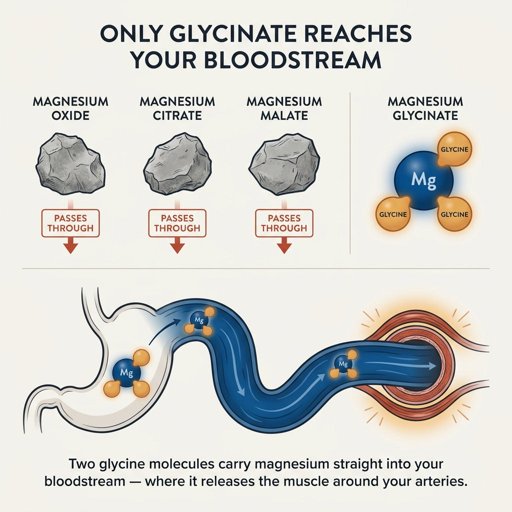 Magnesium glycinate absorbed into the bloodstream via glycine transport, delivered to blood vessels
