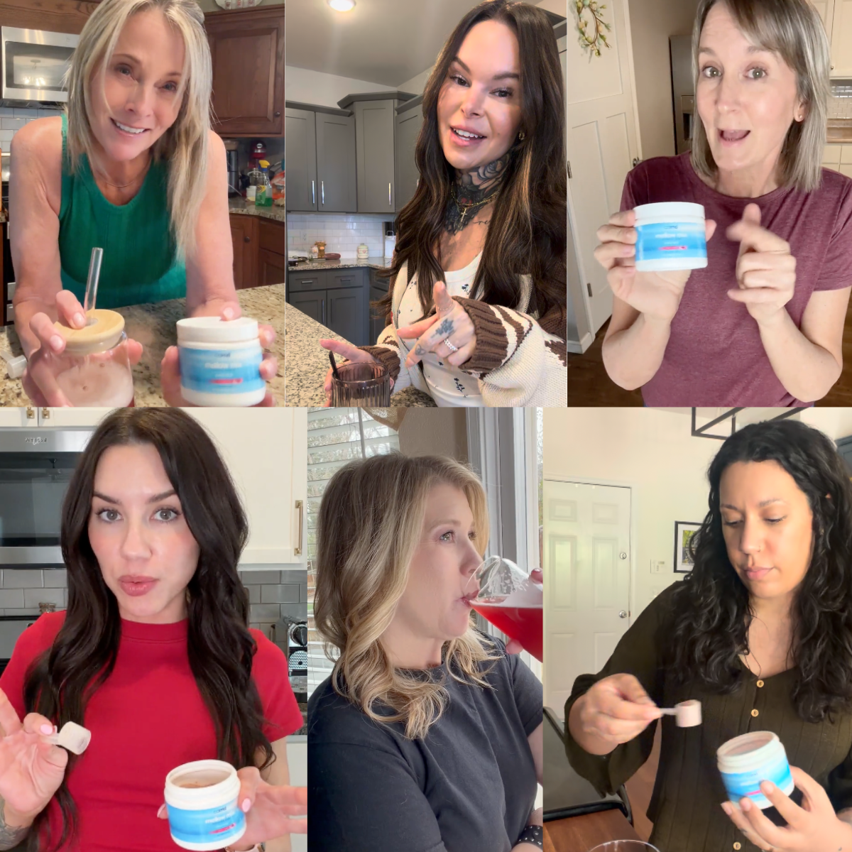 A woman drinking Calmd Mellow Mix at her kitchen counter
