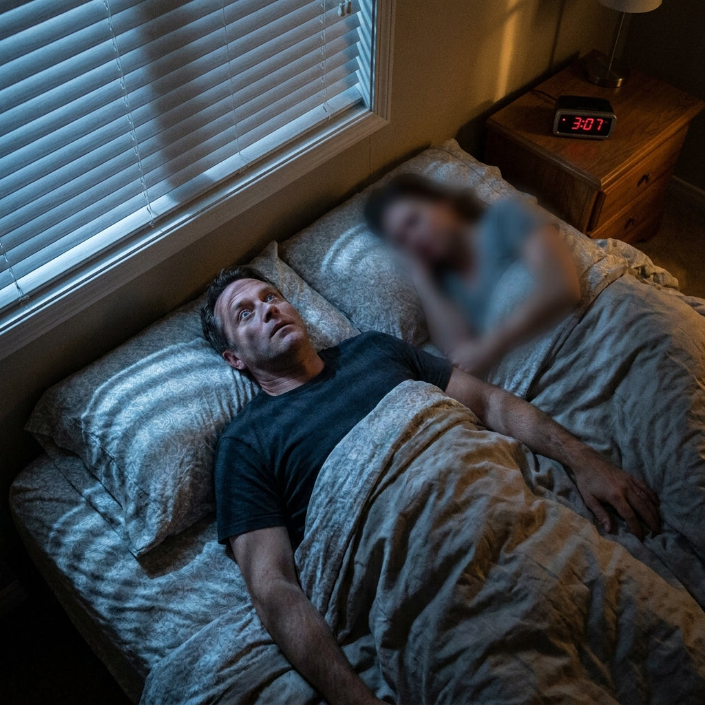 Man awake at 3am with racing mind, cortisol spike