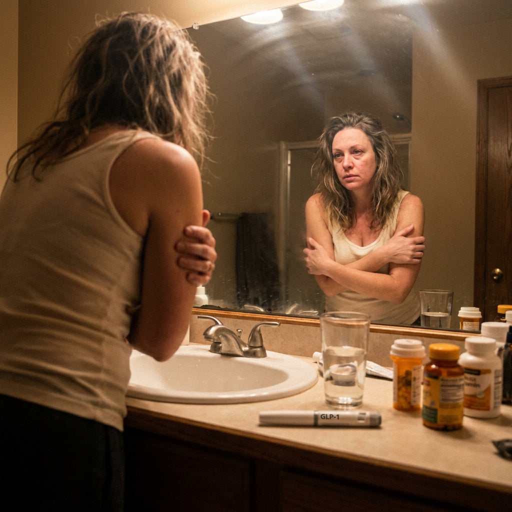 A woman looking drained in her bathroom mirror at night on her GLP-1