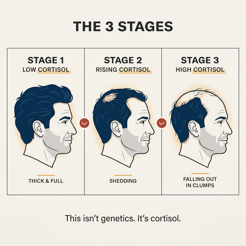 Three-stage progression of cortisol-driven hair loss from full to thinning to bald