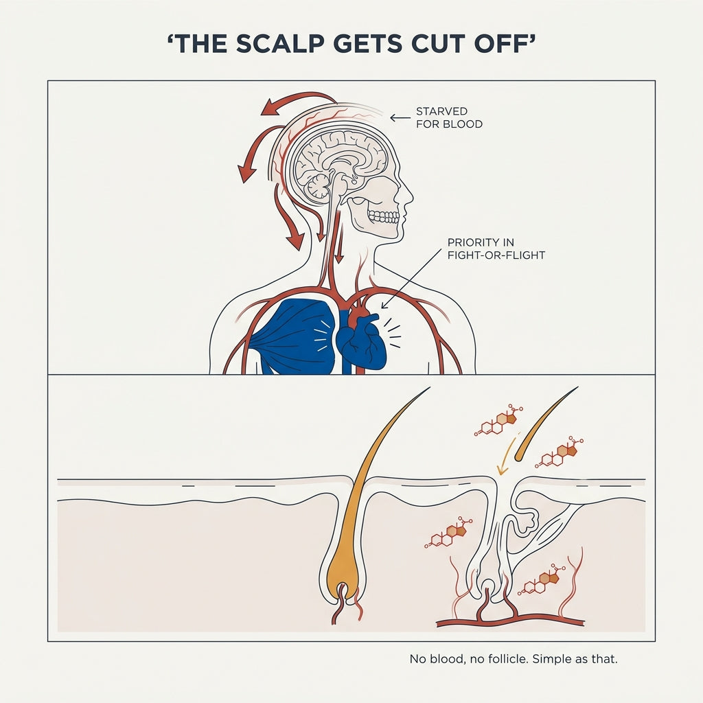 Cortisol pulling blood away from scalp toward core, starving the follicle