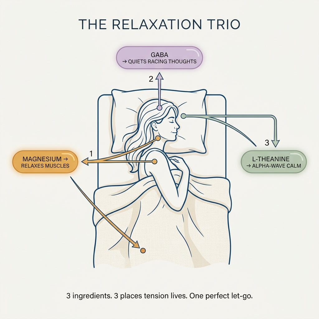 Magnesium, GABA, and L-Theanine each relaxing a specific part of the body