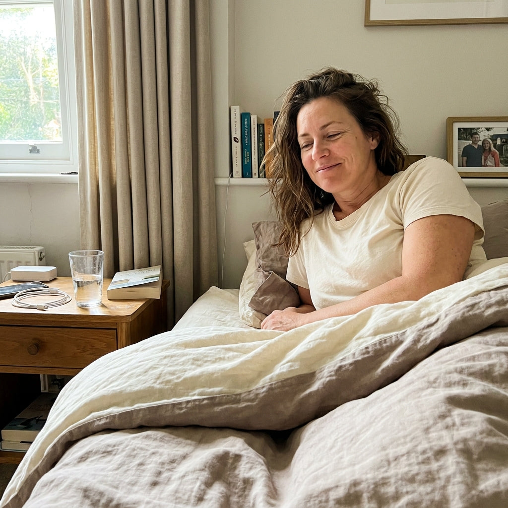 A woman waking up rested in soft morning light, calm and clear