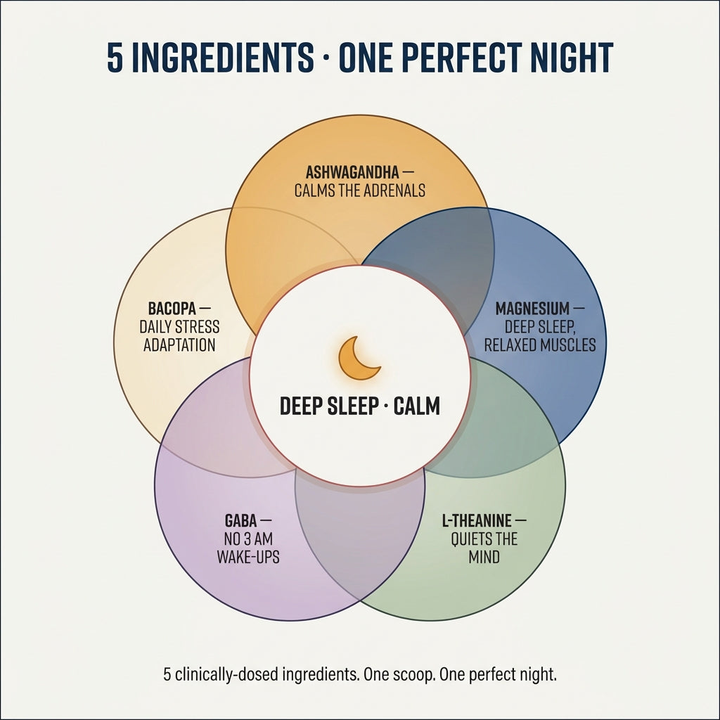 5 calming ingredients overlapping to create deep sleep and calm