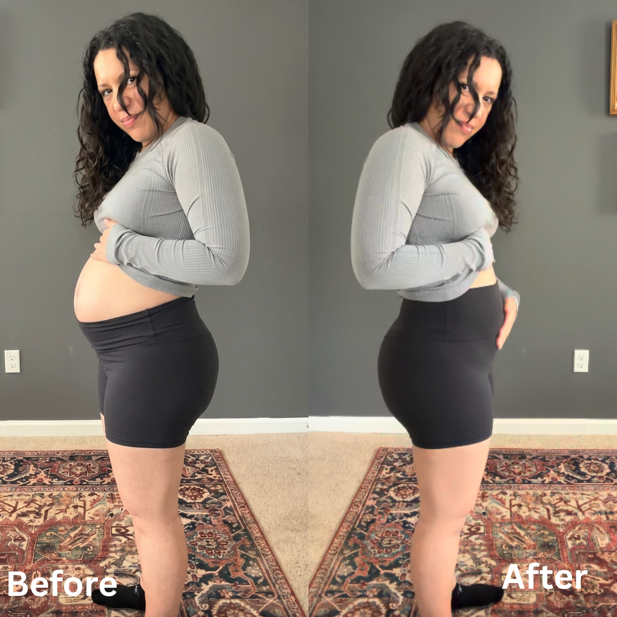 A woman's body before and after — belly going down