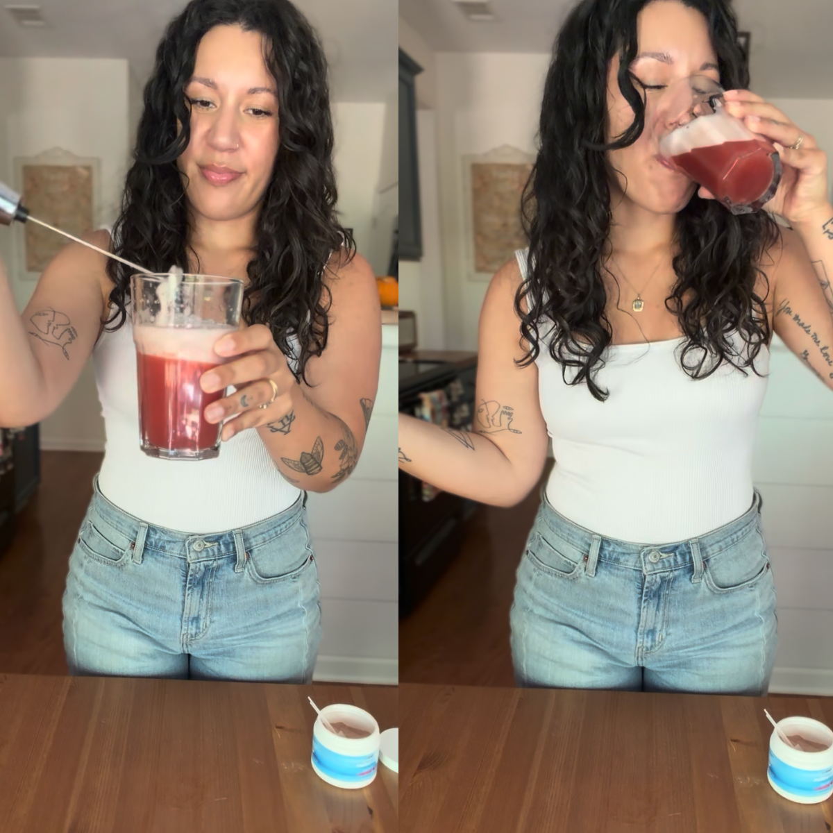 A woman making and drinking Calmd Mellow Mix